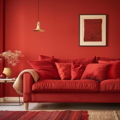 Cozy living room with a red accent wall, a comfortable red couch, and red throw pillows, perfect for relaxation