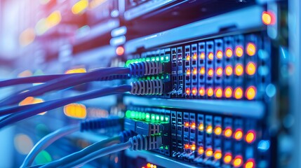 Many network switch hubs and ethernet cables in a rack cabinet. Network connection technology.