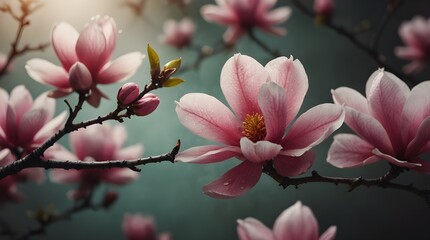 Obraz premium Pink spring magnolia flowers branch., Gorgeous cerise pink flowers, resembling pink spring magnolias, set in a beautiful soft background.