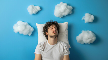 White clouds around the head of a man resting on a pillow on a blue wall. Male person comfortable, sweet dreams, night relaxation, asleep, peaceful, tranquil