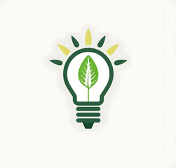 Logo, green lightbulb with leaf in the middle, white background, vector graphic design, simple, minimalistic style, modern logo, green and creme color palette. Generated AI.