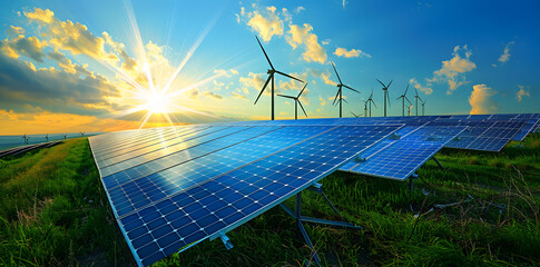 Photorealistic solar panels and wind turbines against a blue sky, in a green grassy field with mountains in the background, the sun shining brightly, a clean energy concept. Generated AI