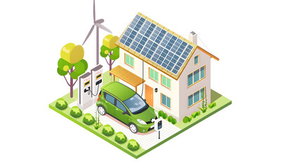 A large battery charging an electric car, with solar panels on the roof of a house and wind turbines in the background. A green energy concept vector. Generated AI.