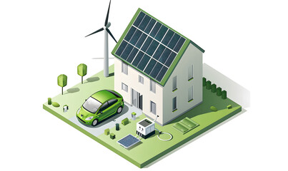A large battery charging an electric car, with solar panels on the roof of a house and wind turbines in the background. A green energy concept vector. Generated AI.
