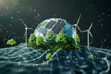 3D rendering of Earth with solar panels, wind turbines and trees. A green energy concept illustration with water flow and electric lines around the planet. Generatred AI.