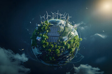 3D rendering of Earth with solar panels, wind turbines and trees. A green energy concept illustration with water flow and electric lines around the planet. Generatred AI.