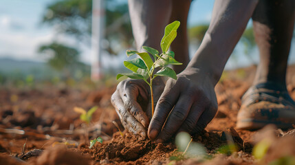 Close up of African man hand planting tree on brown soil with windmill in background, green environment and clean air concept. Generated AI.