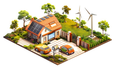 A large battery charging an electric car, with solar panels on the roof of a house and wind turbines in the background. A green energy concept vector. Generated AI.