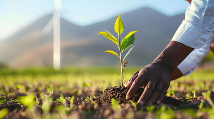 Close up of African man hand planting tree on brown soil with windmill in background, green environment and clean air concept. Generated AI.
