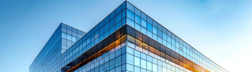 Modern corporate building with clean lines and reflective glass, under a clear blue sky, epitomizing sleek business design