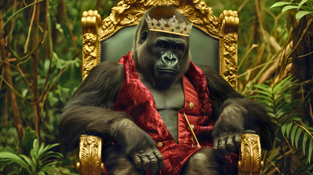Gorilla king of the jungle sitting in a chair, wearing a crown. Monkey ape animal kingdom royal leader pride, power and strength