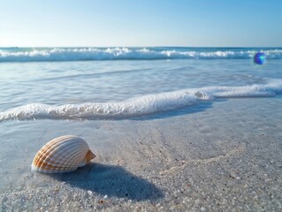 Obraz premium Beautiful seashell on serene sandy beach with gentle ocean waves under a clear blue sky, perfect for nature, travel, and relaxation-themed projects.