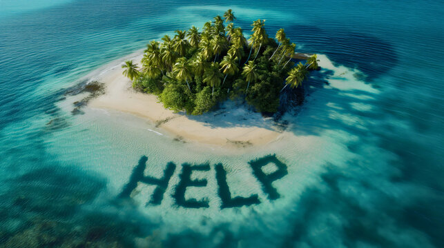 Aerial drone view of text help written on stranded castaway island surrounded by sea or ocean water. SOS rescue message, hope, survival, lost