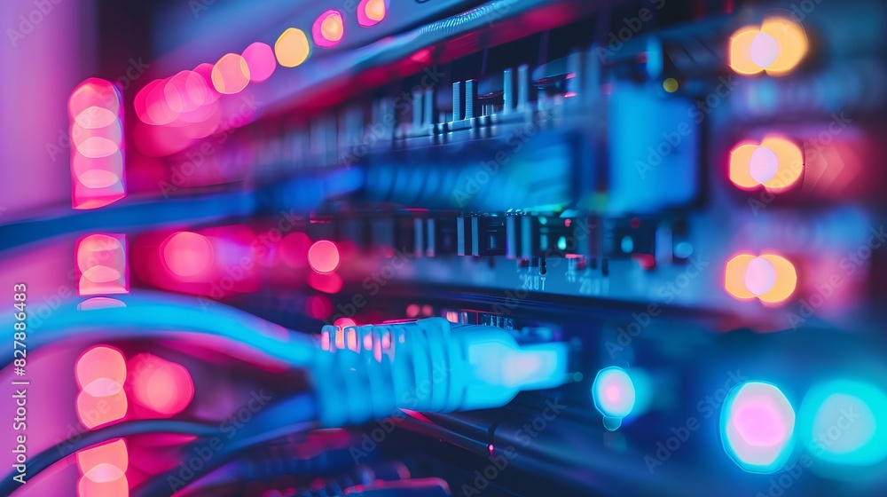 Poster network equipment with connected wires, close-up of network hardware for system administrators. stru