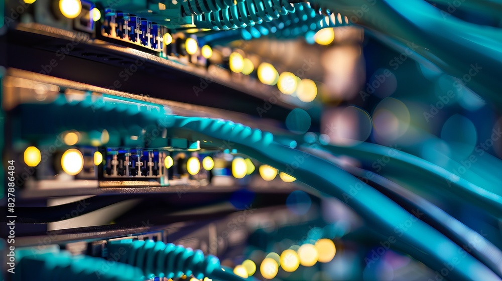 Poster network equipment with connected wires, close-up of network hardware for system administrators. stru