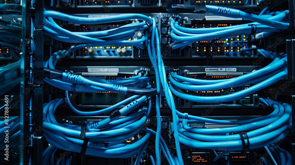 Poster network equipment with connected wires, close-up of network hardware for system administrators. stru