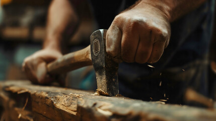 Closeup of carpenter holding a hammer in the hands. Wood carpentry equipment tool, handyman industry worker instrument, vintage craft workshop