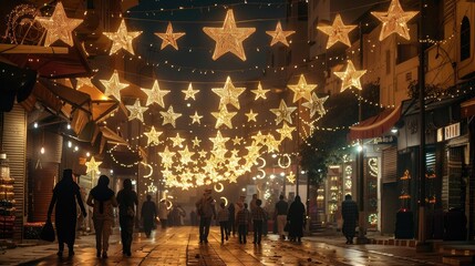 A street decorated with star and crescent lights for Eid-al-Adha, with families walking and celebrating - Powered by Adobe