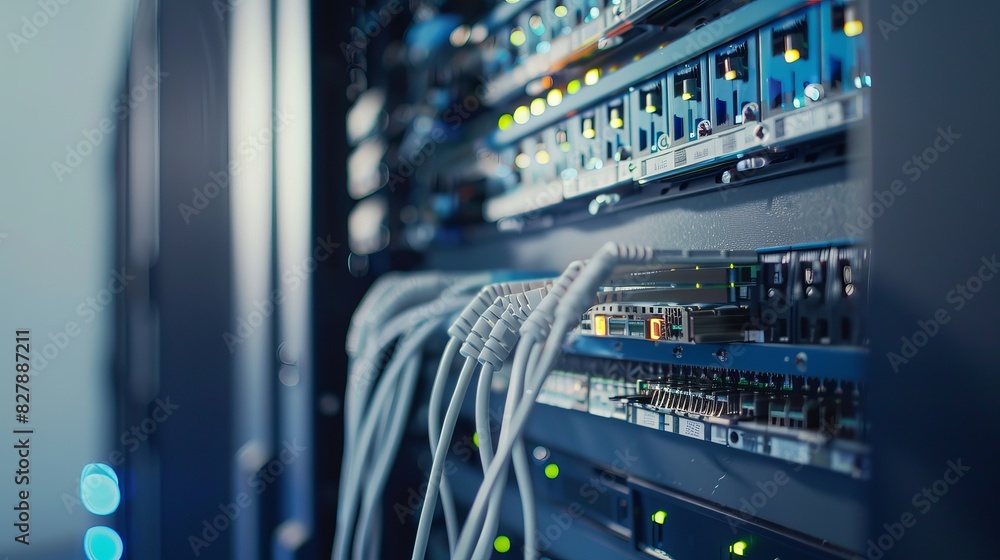 Poster network hardware and telecommunication technologies in a server room. featuring modems with fiber op