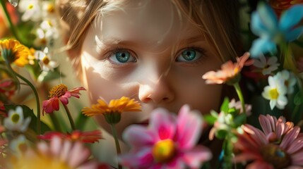 A girl with blue eyes framed by a vibrant wreath of summer flowers. AIG50