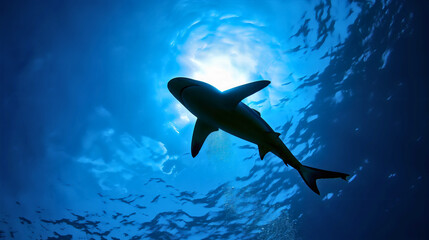 Silhouette of great white shark swimming underwater in blue ocean or sea. Marine wildlife dangerous predator fish animal, island, attack, deep