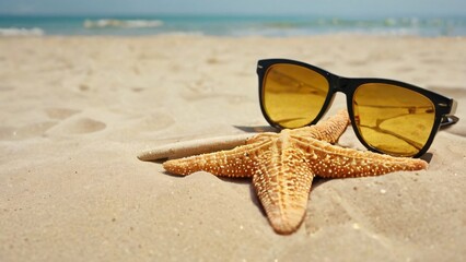 Beach scene with starfish and sunglasses on golden sand