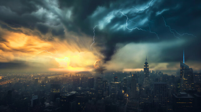 Dark thunderstorm clouds and lighting bolts with tornado hurricane or cyclone above the cityscape. Dangerous stormy weather, climate change, cloudscape meteorology, outdoor skyline
