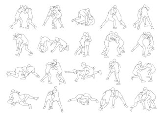 Greco Roman wrestling set. Wrestlers fighting poses, competing. Martial art. Vector illustration isolated on white background