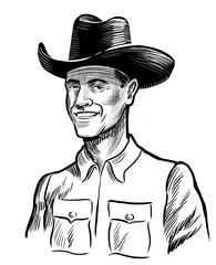 Cowboy character. Hand drawn retro styled black and white illustration