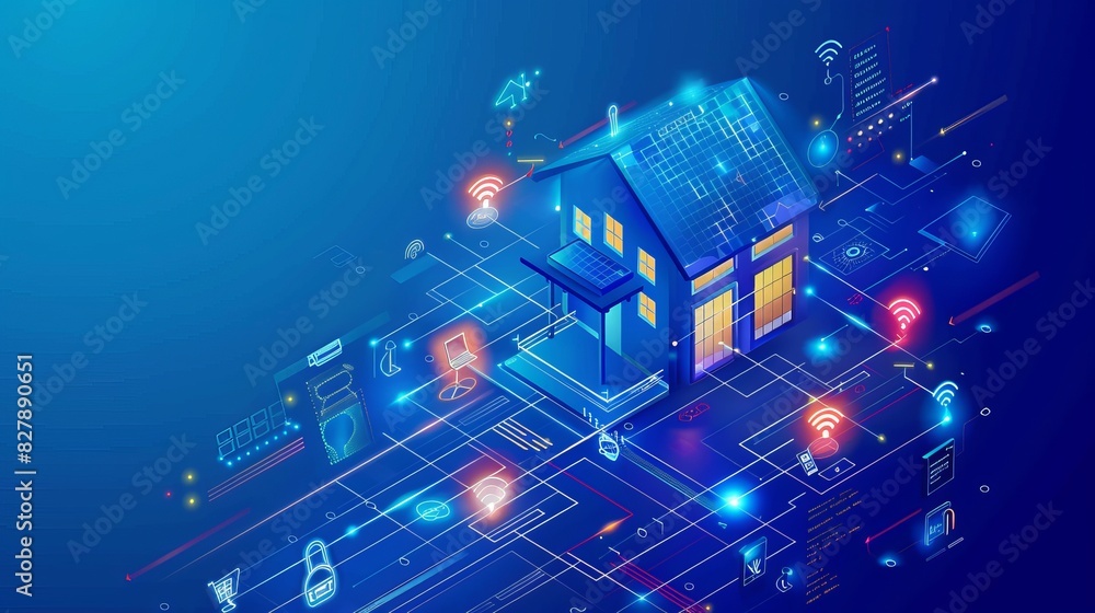 Poster smart home technology banner. a building made of digits connected with icons of smart devices, illus