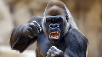 Big angry gorilla animal monster fighter in wildlife jungle or forest, dangerous mad and aggressive king kong, muscular powerful monkey beast