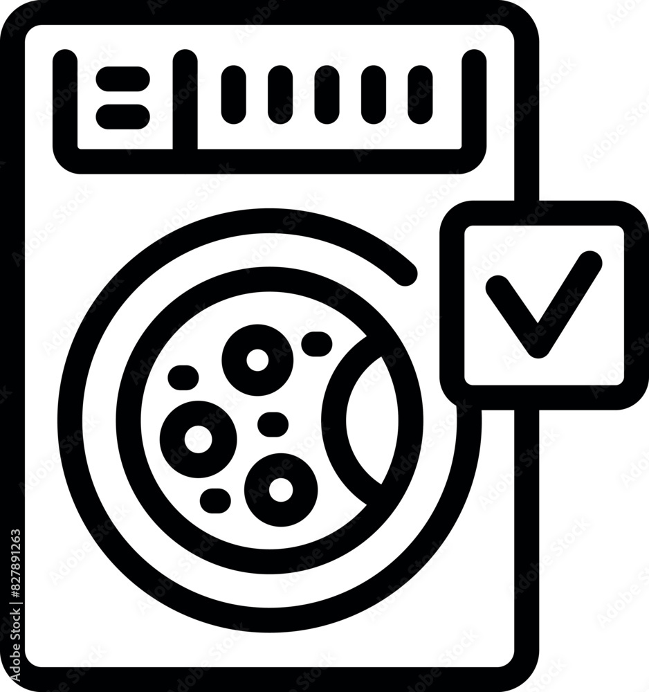 Poster black and white vector illustration of a frontloading washing machine with a check mark