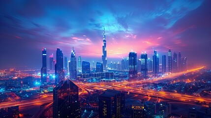 Fototapeta premium Spectacular nighttime skyline of a big modern city. Aerial view of highways and skyscrapers in Dubai, UAE.