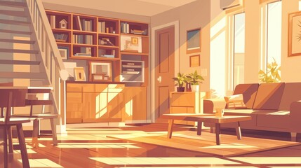 Illustration of a modern Scandinavian apartment featuring a stylish home interior complete with living room furniture such as a sofa chairs shelves coffee table and carpet as well as a door 