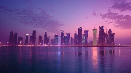 Fototapeta premium The skyline of Doha city after sunset, Qatar.