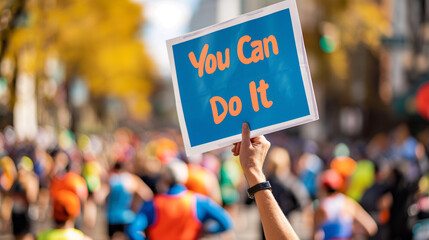Hand Holding "You Can Do It" Sign at Marathon

