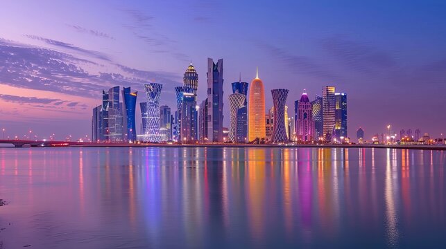 The skyline of Doha city after sunset, Qatar.