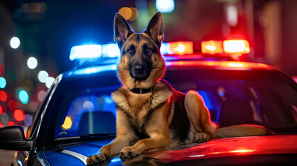 Trained K9 German Shepherd police guard dog sitting on the hood of car vehicle with blue and red lights on security service brown and black animal, street crime, safety, protect