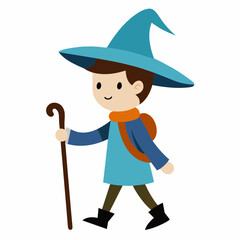 isolated simple cartoon sketch of a child who is a hiker, nature explorer who is wearing a wizard hat on a clean white background with a walking stick