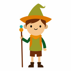 isolated simple cartoon sketch of a child who is a hiker, nature explorer who is wearing a wizard hat on a clean white background with a walking stick