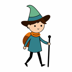 isolated simple cartoon sketch of a child who is a hiker, nature explorer who is wearing a wizard hat on a clean white background with a walking stick