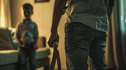 Adult holding a belt, child in background, concept of punishment, domestic scene