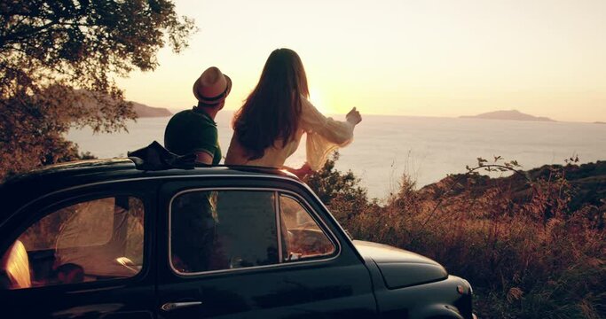 Beautiful Young Couple On Honeymoon By Old Retro Car Enjoying Sunset Flare Happiness Happiness Seeker Italy Adventure Slow Motion Shot Red Epic 8k - Powered by Adobe