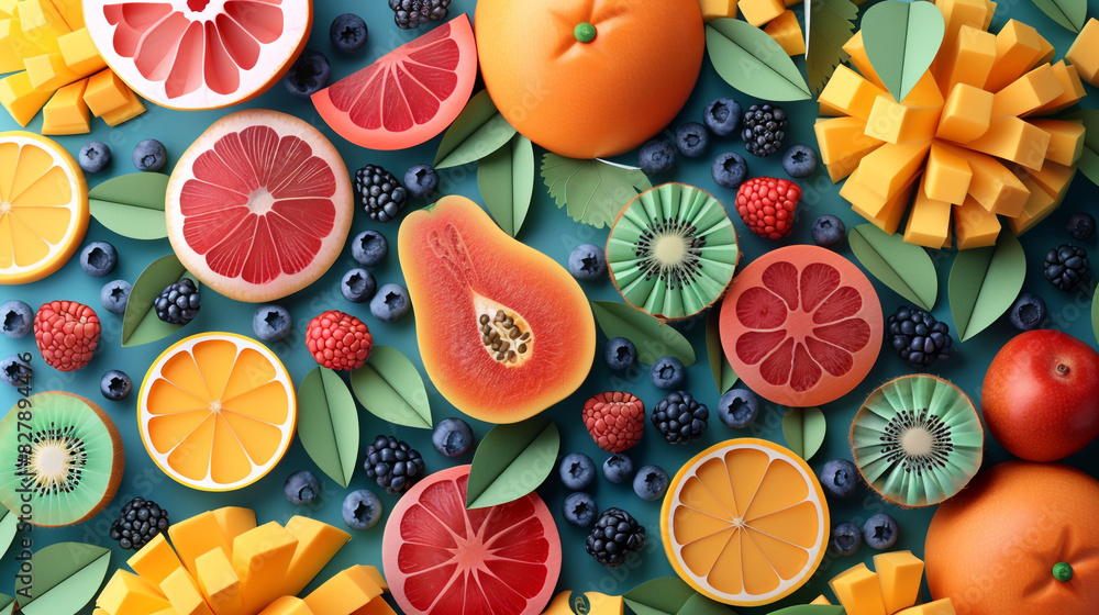 Wall mural Fruits theme wallpaper with related images in layered paper cut style. 