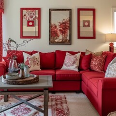 Cozy living room with a red sectional sofa, red framed pictures, and a red coffee table centerpiece, perfect for family gatherings