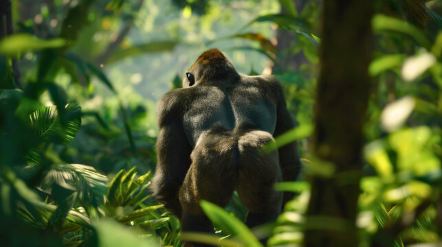 Rear back view of black silverback gorilla animal walking in green jungle nature. Forest wildlife, primate monkey or ape, big safari chimpanzee, king kong in the zoo‚fauna, copy space
