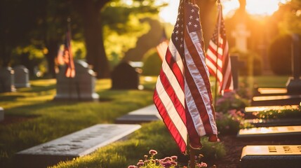 A row of American Flags and gravestones in a National Cemetery  Memorial Day : Generative AI