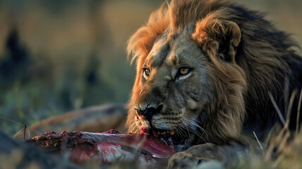 Lion animal eating meat food from his prey in African safari wildlife nature outdoors. Hungry...