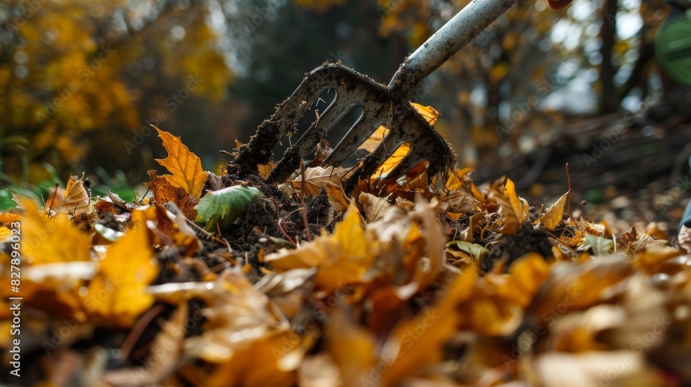 Poster A closeup shot of a pile of leaves being turned with a pitchfork to help with aeration and decomposition.