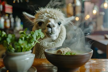 Fototapeta premium An alpaca chef serving up a steaming bowl of pho with a side of fresh herbs